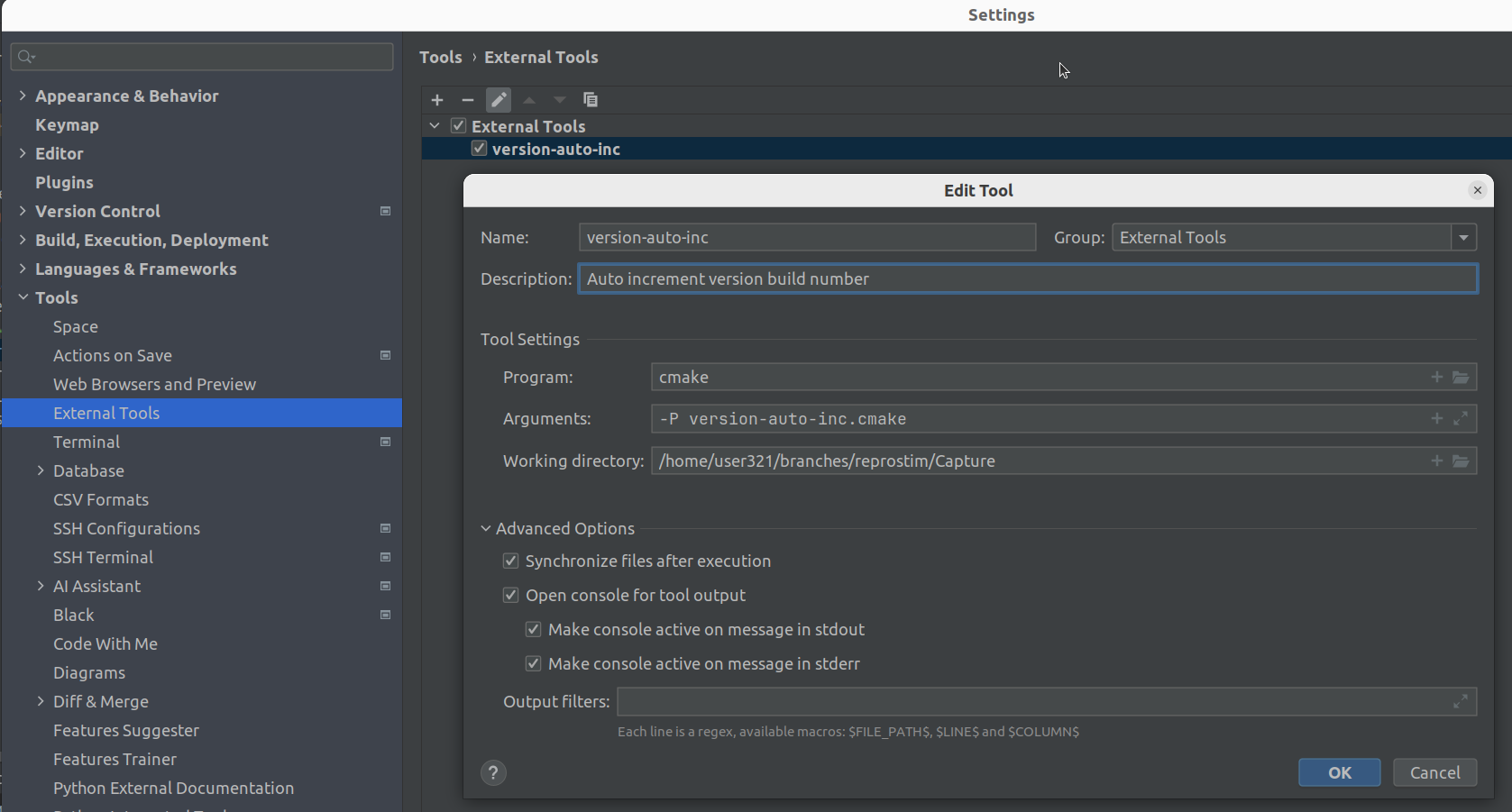 External Tools in CLion